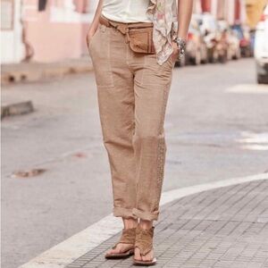 Sundance taupe side crochet lace detail linen blend pants size 8